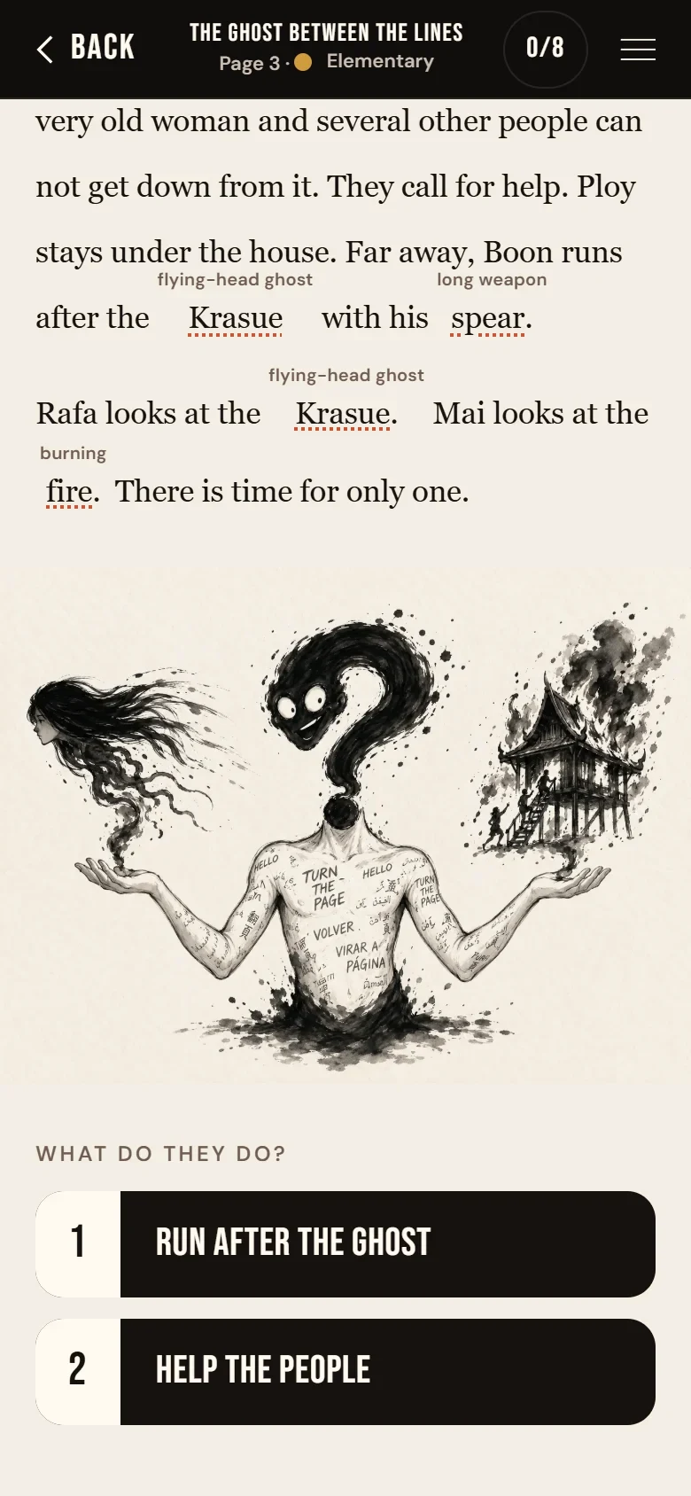 A choice page: Blot asks what they do, with two choices, RUN AFTER THE GHOST and HELP THE PEOPLE.