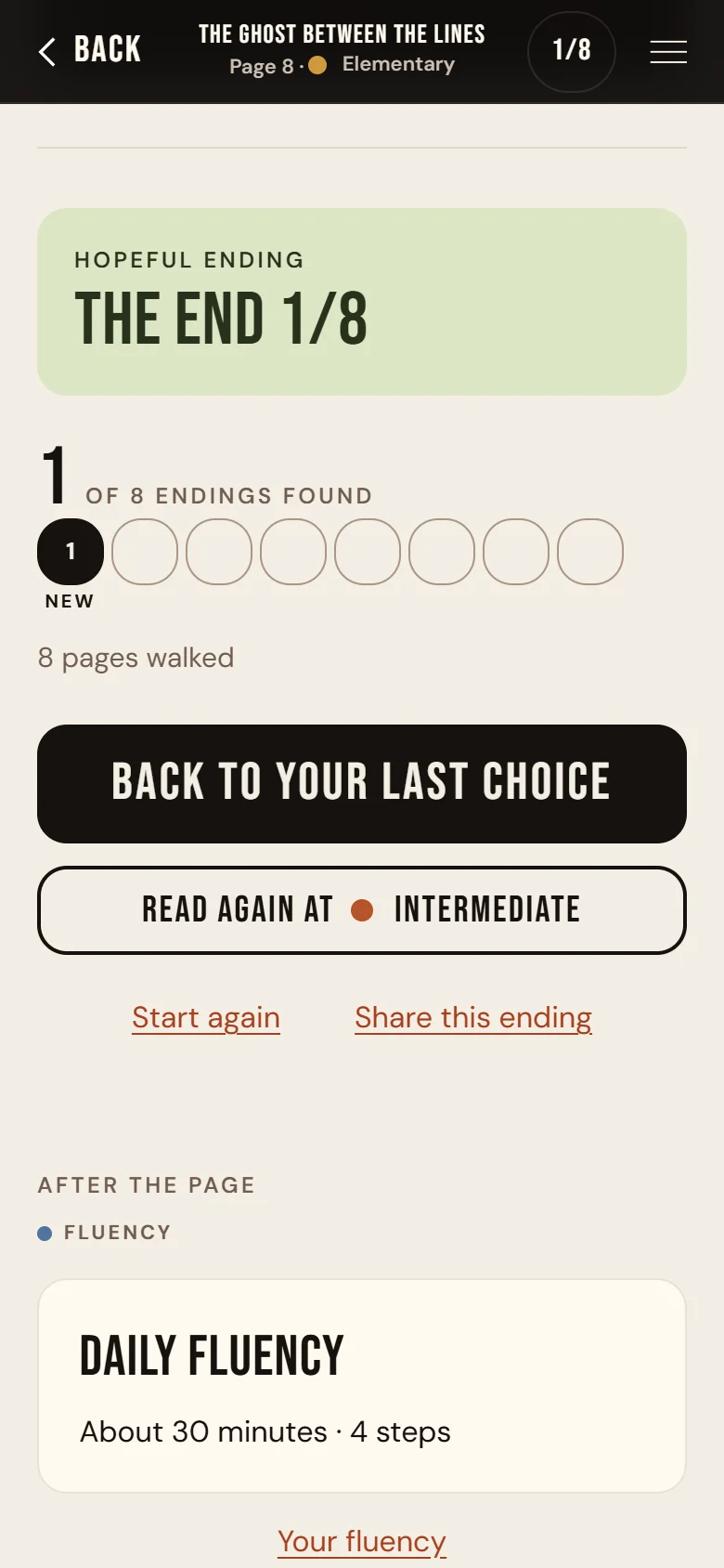 An ending: THE END 1/8, one of eight endings found, and the BACK TO YOUR LAST CHOICE button.