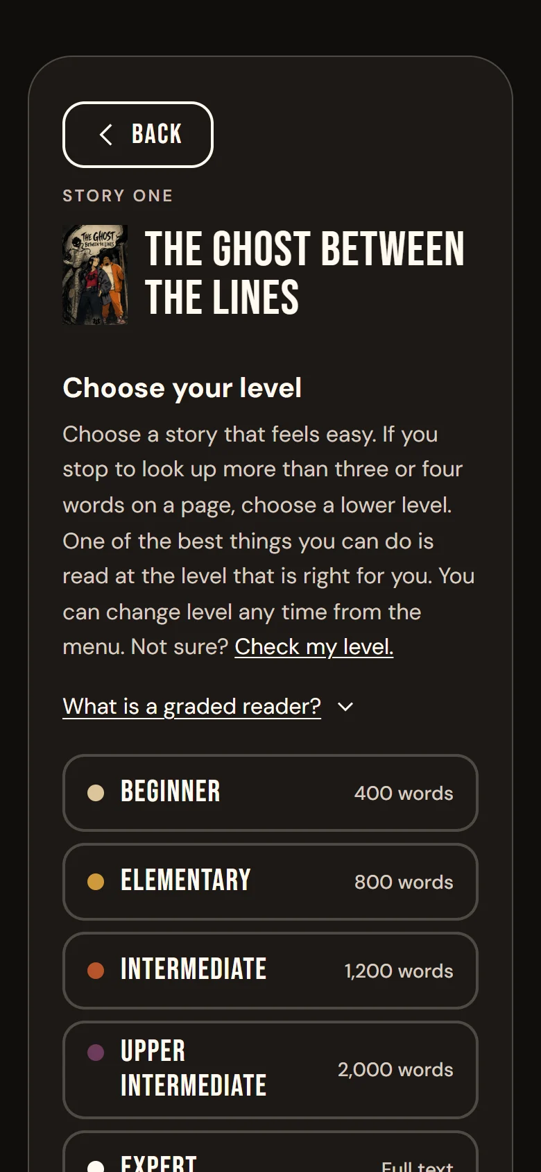 Choose your level: the five levels, from Beginner (400 words) to Expert (full text).