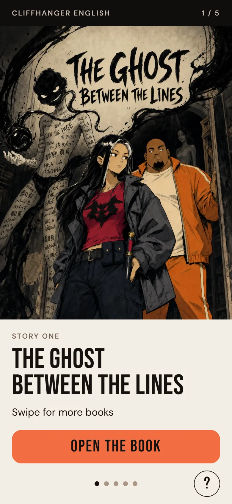 The library: the cover of The Ghost Between the Lines, the OPEN THE BOOK button and the round ? for help.