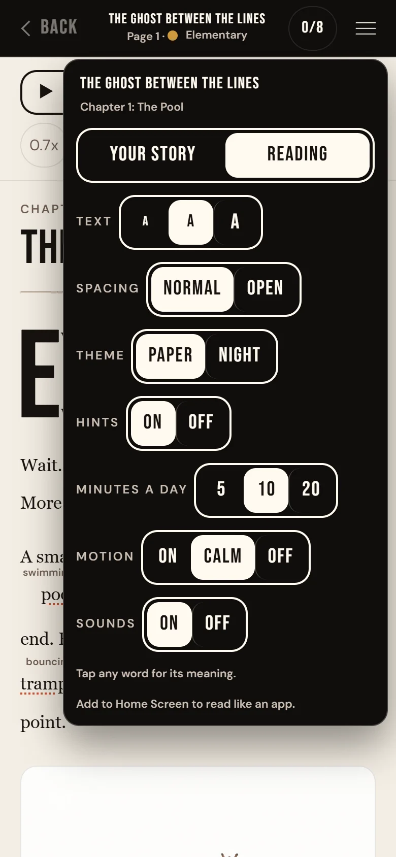 The menu's Reading tab: Text, Spacing, Theme, Hints, Minutes a day, Motion and Sounds.