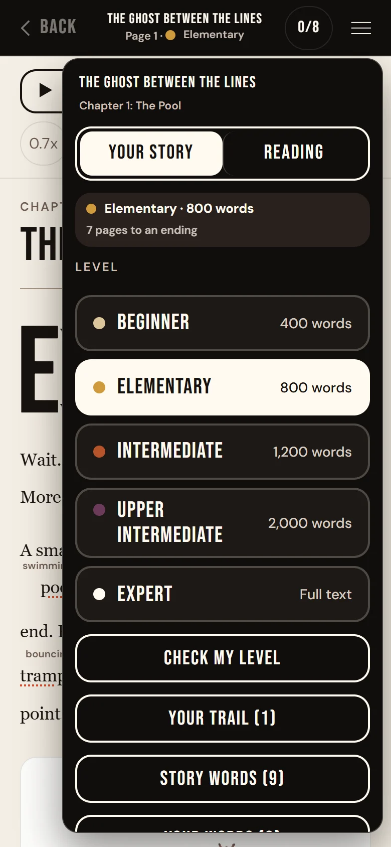 The menu's Your story tab: the five levels, then CHECK MY LEVEL, YOUR TRAIL and STORY WORDS.