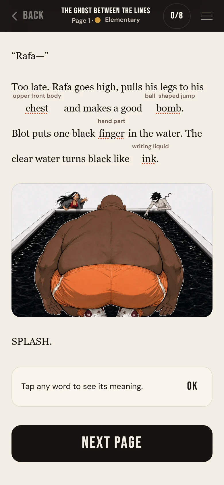 The end of a story page: the words, with small hints above some of them, a picture, and the NEXT PAGE button.