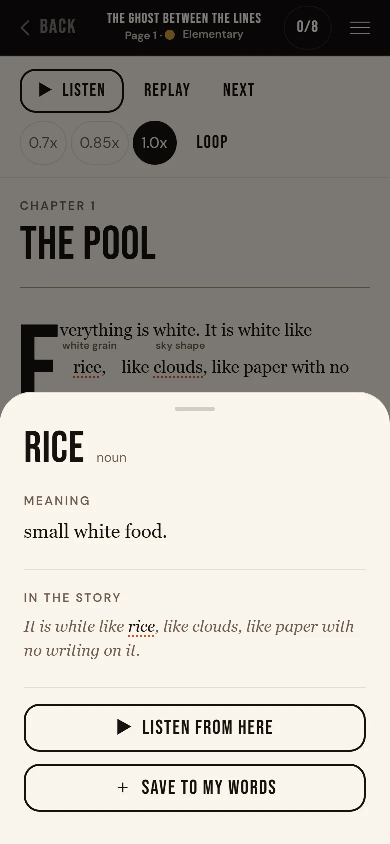 The word card for rice: its meaning, the line from the story, and the LISTEN FROM HERE and SAVE TO MY WORDS buttons.